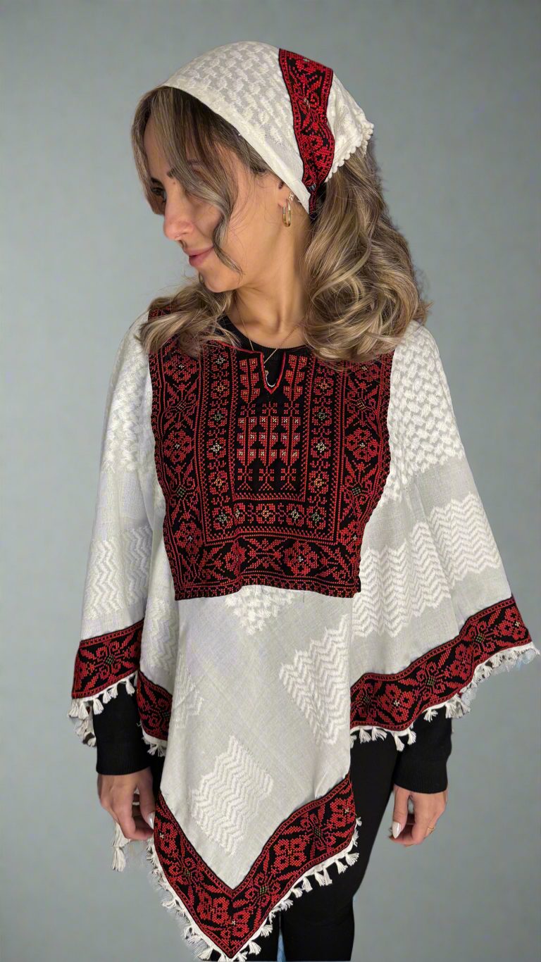 Poncho of Palestine | All White Kufiya (Keffiyeh) - Tatreez – Made in Jordan