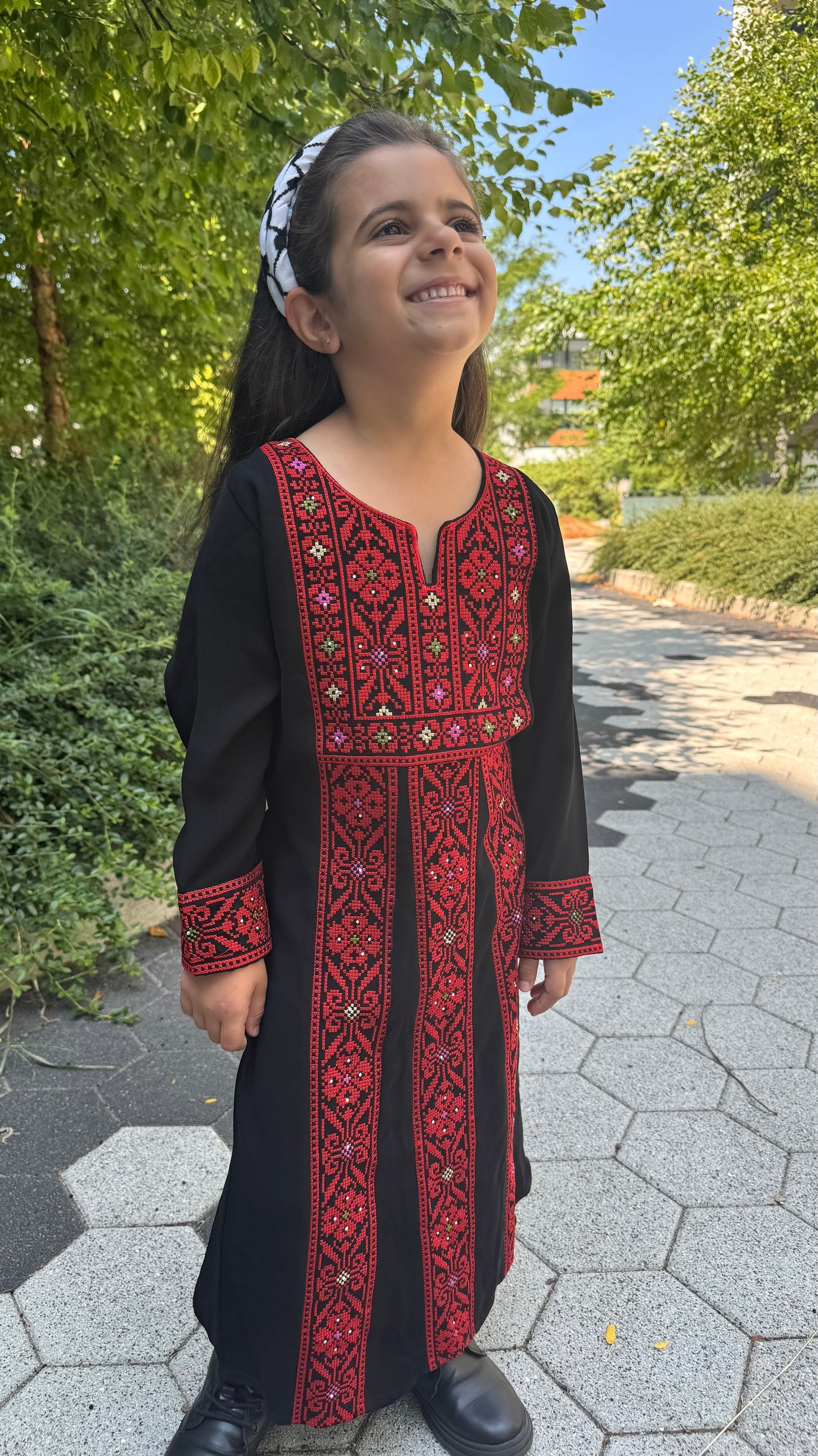 Kids Palestinian Thobe Traditional Dress | Black with Red Tatreez Embroidery – Sizes Toddler to Youth