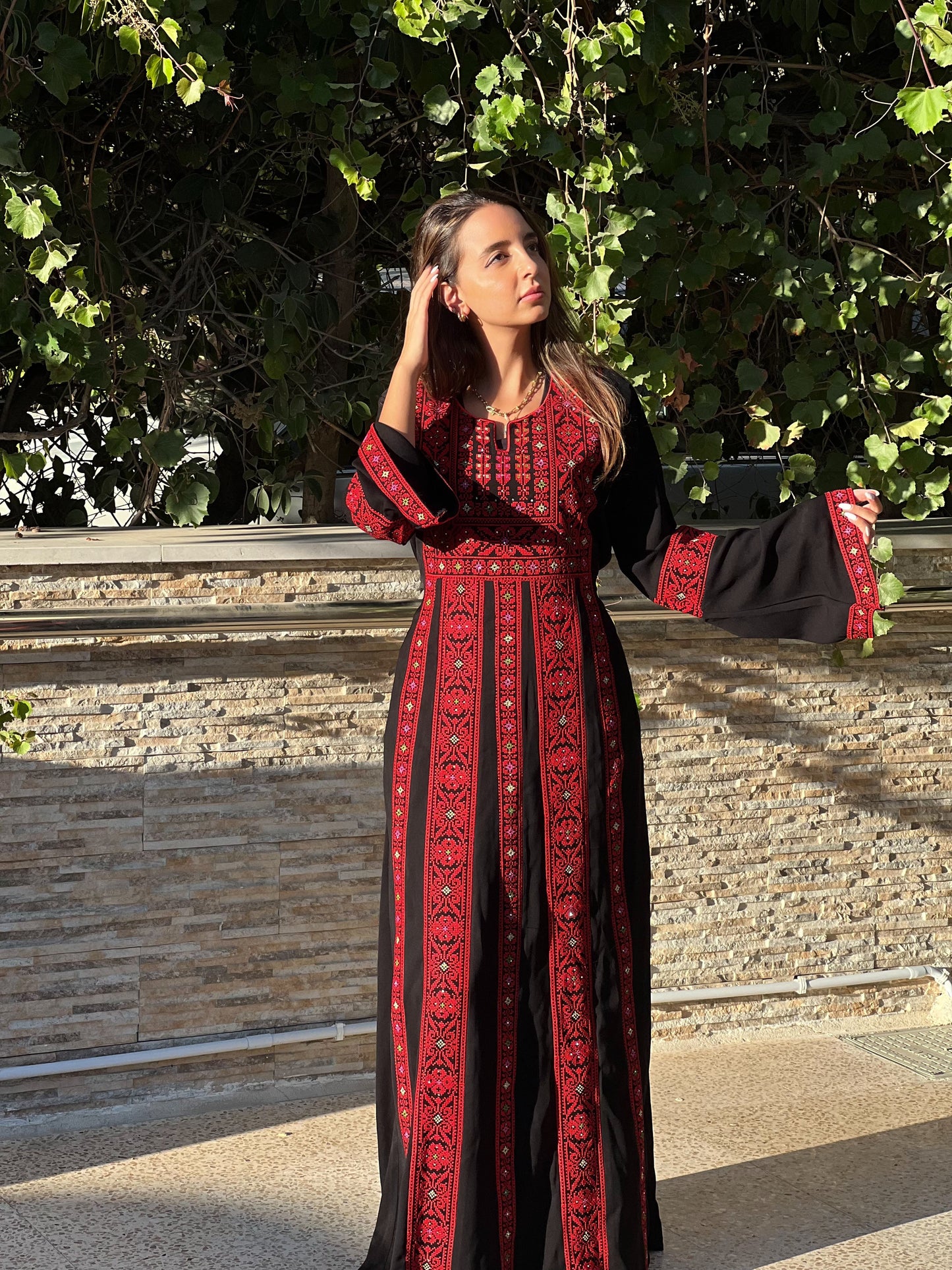 Palestinian Thobe Traditional Dress | Black with Red Tatreez Embroidery for Adults